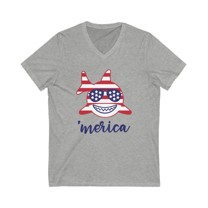 Merica Shark - Jersey Short Sleeve V-Neck Tee