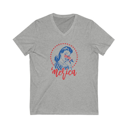 Merica - Ladies Jersey Short Sleeve V-Neck Tee